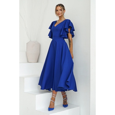 Warsaw Dress midi šaty s volánovými rukávmi modré