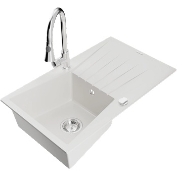 Mexen Cesar гранитна мивка с 1 гнездо с отцедник и кухненски смесител Elia, бял - 6514-20-670101-00 (6514-20-670101-00)