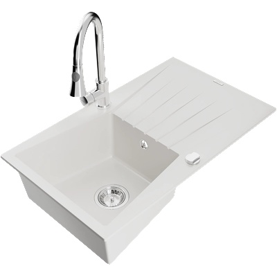 Mexen Cesar гранитна мивка с 1 гнездо с отцедник и кухненски смесител Elia, бял - 6514-20-670101-00 (6514-20-670101-00)