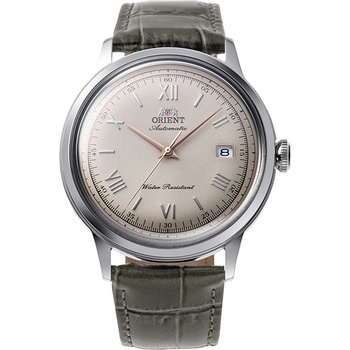 Orient RA-AC0025N Мъжки часовник - Автоматичен, Бежов Циферблат, Розово Златни Стрелки, Прозрачен Гръб, Сива Кожа, Дата, 40.5 мм