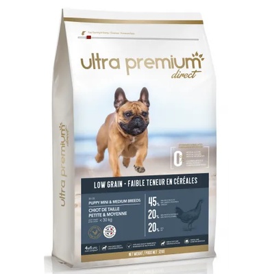 Ultra Premium Direct Puppy mini medium breeds - суха храна за подрастващи кученца от дребни и средни породи, с ниско съдържание на зърно, 45% месо и месни съставки, пилешко месо, 4 кг, Франция LG0401