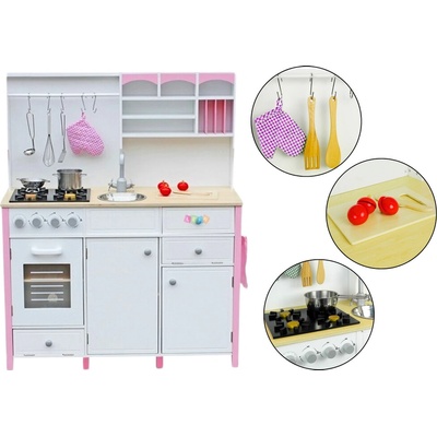 LEAN TOYS Drevená kuchynka s rúrou a príslušenstvom ružová