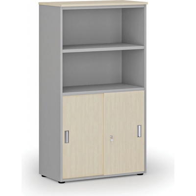 Primo Kombinovaná kancelárska skriňa GRAY, zasúvacie dvere na 2 poschodia, 1434 x 800 x 420 mm, sivá/breza