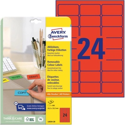 AVERY Етикет AVERY L6034-20 63, 5x33, 9mm универсален червен 480 етикета/кутия 20 листа/кутия (L6034-20)