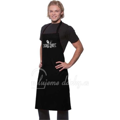 černá bavlněná zástěra s laclem s potiskem Grill chef