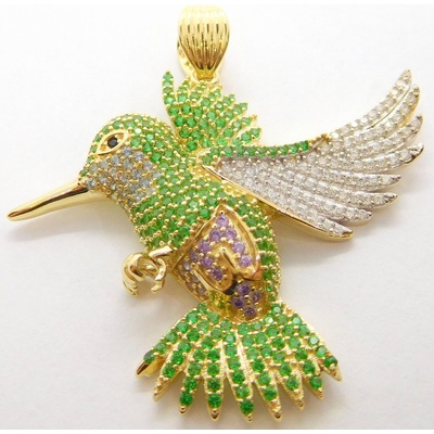 Klenoty Budín Mohutný zlatý přívěsek kolibřík se zirkony a smaragdy HK3113