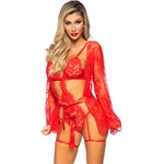 Leg Avenue Teddy, Lace Robe & Ribbon Tie Red S