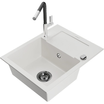 Mexen Enzo гранитна мивка с 1 отделение, отцедник и кухненски смесител Flora, бял - 6506-20-670401-07-B (6506-20-670401-07-B)