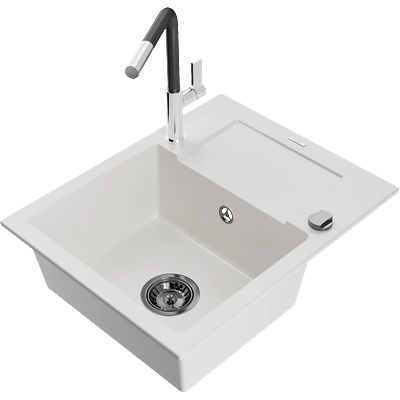 Mexen Enzo гранитна мивка с 1 отделение, отцедник и кухненски смесител Flora, бял - 6506-20-670401-07-B (6506-20-670401-07-B)