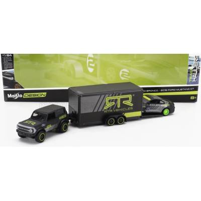Maisto Ford USA Bronco 2021 With Trailer Car Transporter + Mustang GT Coupe RTR Vehicles sivá žltá 1:64