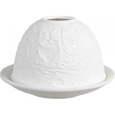 Bílý porcelánový svícen na čajovou svíčku koťátka v košíku – 12x8 cm