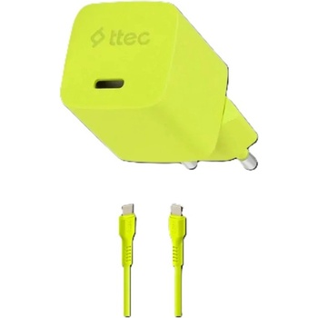 Ttec Зарядно 220V ttec SmartCharger GAN 20W PD Travel Fast Charger + USB-C - USB-C 3A Cable 120cm, Neon Yellow