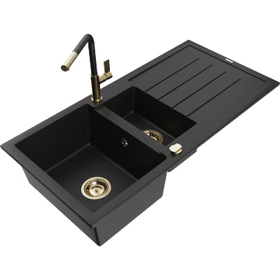 Mexen Andres гранитна мивка с 1, 5 камери с отцедник и смесител Flora, черен - 6515-77-670401-57-G (6515-77-670401-57-G)