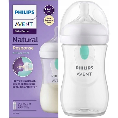 Avent Natural Response priehľadná fľaša s cumlíkom s ventilom AirFree 260 ml