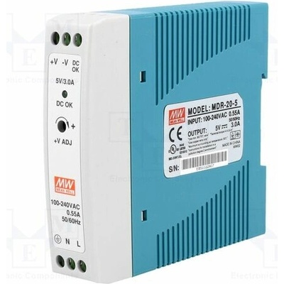 MEAN WELL MDR-20-5 Napájecí zdroj: spínaný; na lištu DIN; 15W; 5VDC; 3A; 85÷264VAC
