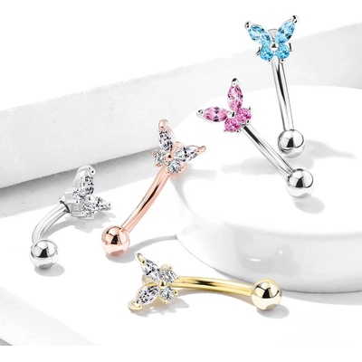 Šperky eshop ocelový piercing do obočí motýl zdobený zirkony Z05.04 zlatá čirá
