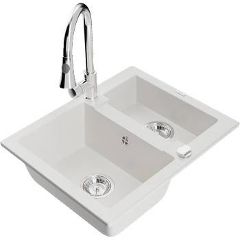 Mexen Carlos гранитна мивка 1, 5-камерна с кухненски смесител Elia, бял - 6518-20-670101-00 (6518-20-670101-00)