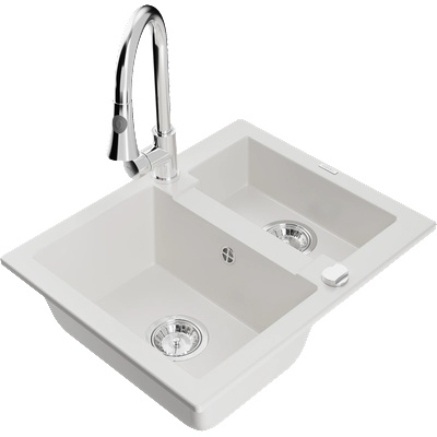 Mexen Carlos гранитна мивка 1, 5-камерна с кухненски смесител Elia, бял - 6518-20-670101-00 (6518-20-670101-00)