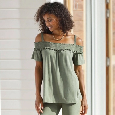 Blancheporte Jednofarebné tričko s odhalenými placami a žabkovaním khaki