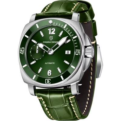 Pagani design Мъжки часовник Pagani Design Bower, Механичен, Естествена кожа, Зелен (PD-1820-LEATHER-GREEN)