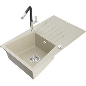 Mexen Cesar мивка от гранит 1-камерна с отцедник и кухненски смесител Flora, бежов - 6514-69-670401-07 (6514-69-670401-07)