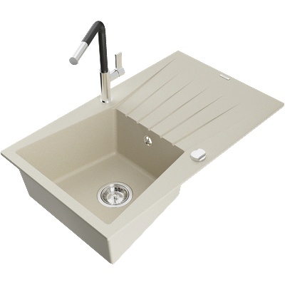 Mexen Cesar мивка от гранит 1-камерна с отцедник и кухненски смесител Flora, бежов - 6514-69-670401-07 (6514-69-670401-07)