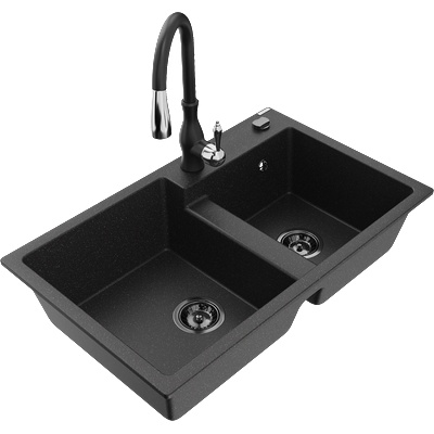 Mexen Tomas гранитна кухненска мивка с 2 отделения с кухненски смесител Savita, черен/сребрист металик - 6516-73-672601-70-B (6516-73-672601-70-B)