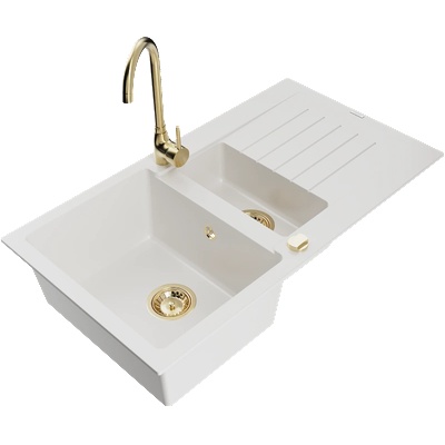 Mexen Matias мивка от гранит с 1, 5 камери с отцедник и кухненски смесител Telma, бял - 6502-20-670200-50 (6502-20-670200-50)