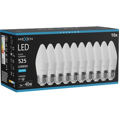 Mexen Nova 10x LED крушка E27, C37, 5W, Студена - 6500K, 525 lm - L102-E27-0565-01x10 (L102-E27-0565-01x10)