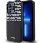 DKNY Repeat Pattern Card Pocket Leather Hard Case - дизайнерски кожен кейс с джоб за кредитна карта за iPhone 15 Pro Max (черен)
