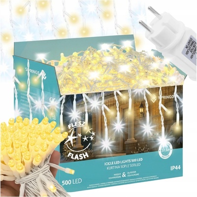 SPRINGOS LED krápníky 22,5m 500LED IP44 teplá bílá + záblesky