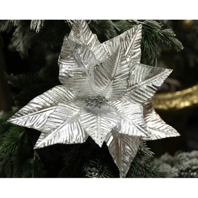 DOMMIO Poinsetie květ - zápich textilní, průměr 25 cm, 6 ks, třpytivá stříbrná