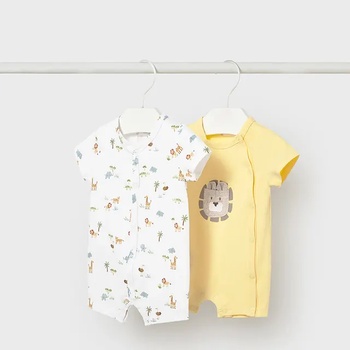 Mayoral Сет 2 гащеризона къси жълто и бяло с лъвче за новородено момче Mayoral