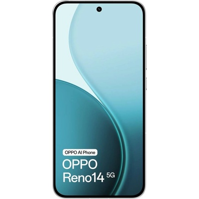 Смартфон Oppo Reno14 5G (бял), поддържа 2 SIM карти, 6.59" (16.73 cm) FHD+ AMOLED 120Hz дисплей, осемядрен Mediatek Dimensity 8350 3.35 GHz, 12GB LPDDR5X, 512GB Flash памет, 50 + 50 + 8 & 50 Mpix камери, Android (CPH2737_12+512_OW)