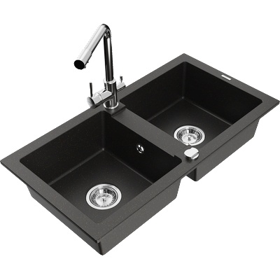 Mexen Mario гранитна мивка с две отделения и кухненски смесител Duero, черно/златен металик - 6504-75-671600-00 (6504-75-671600-00)
