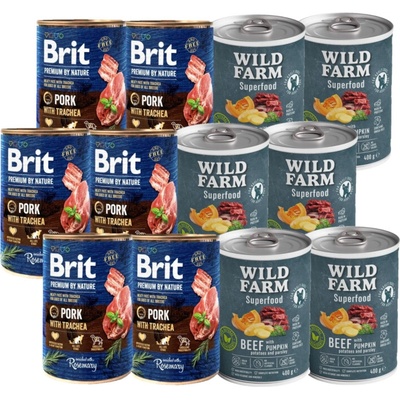 Brit Premium by Nature Vepřové s průdušnicí 6 x 400 g a Wild Farm Superfood Hovězí 6 x 400 g
