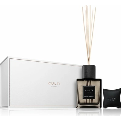 Culti Milano Mediterranea Decor Mediterranea aróma difuzér 500 ml + Culti Milano Car Mediterranea vôňa do auta 7x7 cm + Culti Milano Sticks Stile náhradné tyčinky do aróma difuzérov 34 cm