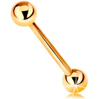 Šperky eshop piercing ze žlutého zlata barbell se dvěma lesklými kuličkami, GG184.04