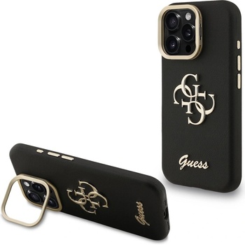 GUESS PU 4G Grained Logo Stand Hard Case - дизайнерски кожен кейс с вградена поставка за iPhone 16 Pro (черен)