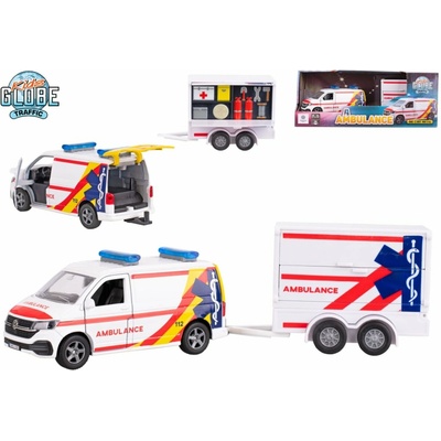 Kids Globe Traffic VW Transporter ambulancia 27,5 cm kov spätný chod s prívesom