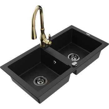 Mexen Mario двукамерна кухненска мивка гранитна с батерия Savita, черна - 6504-77-672601-50-B (6504-77-672601-50-B)