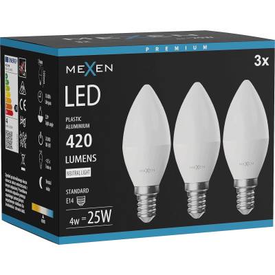 Mexen Nova 3x LED крушка E14, C37, 4W, Неутрална - 4000K, 420 lm - L102-E14-0440-01x03 (L102-E14-0440-01x03)