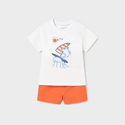 Mayoral Комплект трико 2 части бяла тениска и оранжеви къси панталони за бебе момче Mayoral