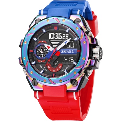 SMAEL Спортен мъжки часовник Smael Sport Shock, Двойно време, Хронограф, LED Подсветка, Син / Червен (SMAEL-8060-BLUE-RED)