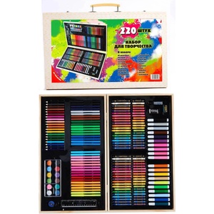 Armtoys КОМПЛЕКТ ЗА РИСУВАНЕ 220 ЧАСТИ В ДЪРВЕН КУФАР