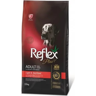 LIDER Reflex Plus Adult Dog Medium & Large Breeds Light & Sterilised - Пълноценна нискокалорична храна за кастрирани кучета, или с наднормени килограми от средни и едри породи с агнешко и ориз 15 кг, Турция