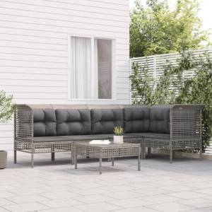 vidaXL Градински комплект с възглавници, 6 части, полиратан, сив (3187508)