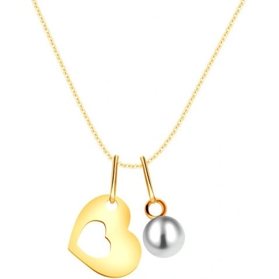 Šperky eshop Zlatý náhrdelník silueta srdca s výrezom uprostred okrúhla biela perla S2GG70.32