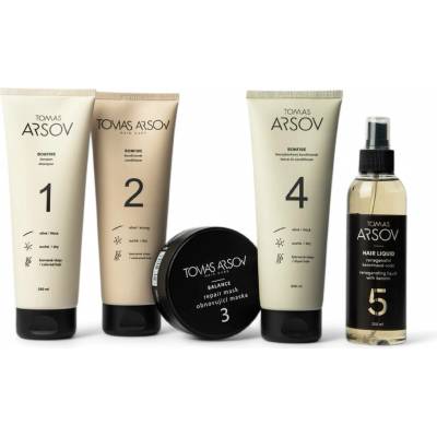 Tomas Arsov Péče o barvené vlasy BONFIRE Šampon 250 ml + Oplachový kondicionér 250 ml + Bezoplachový kondicionér 250 ml + BALANCE obnovující maska 100 ml + HAIR LIQUID Keratin. voda 200 ml set