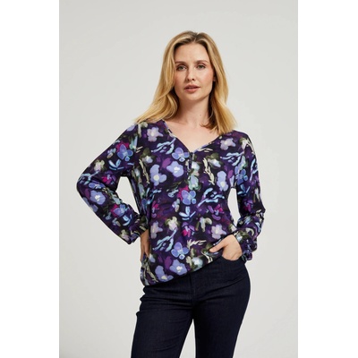 Moodo Тъмносиня флорална блуза с V-образно деколте Moodo Moodo | Lilav | ЖЕНИ | 38